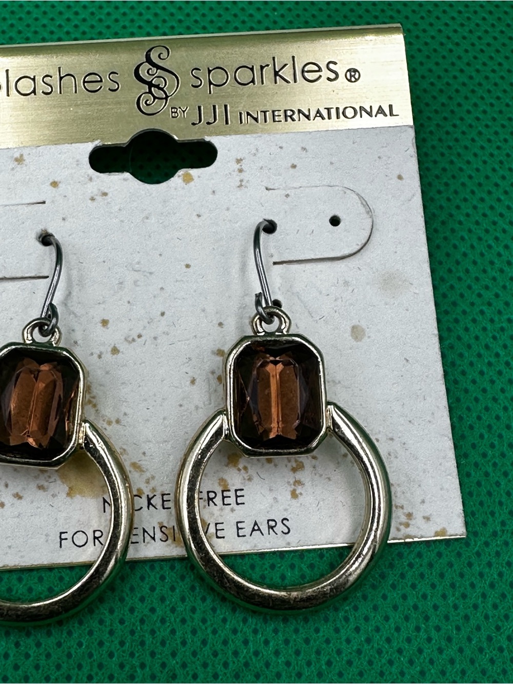 Rectangular Brown Faceted Rhinestone Hoop Drop Earrings - Picture 3 of 6
